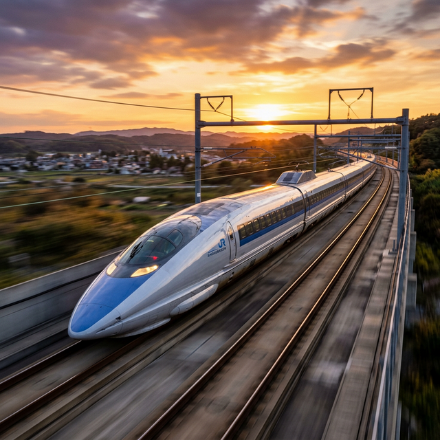 A sleek modern high-speed bullet train on railway tracks at sunset with dramatic golden hour lighting featuring aerodynamic silver and blue design and motion blur on background showing speed